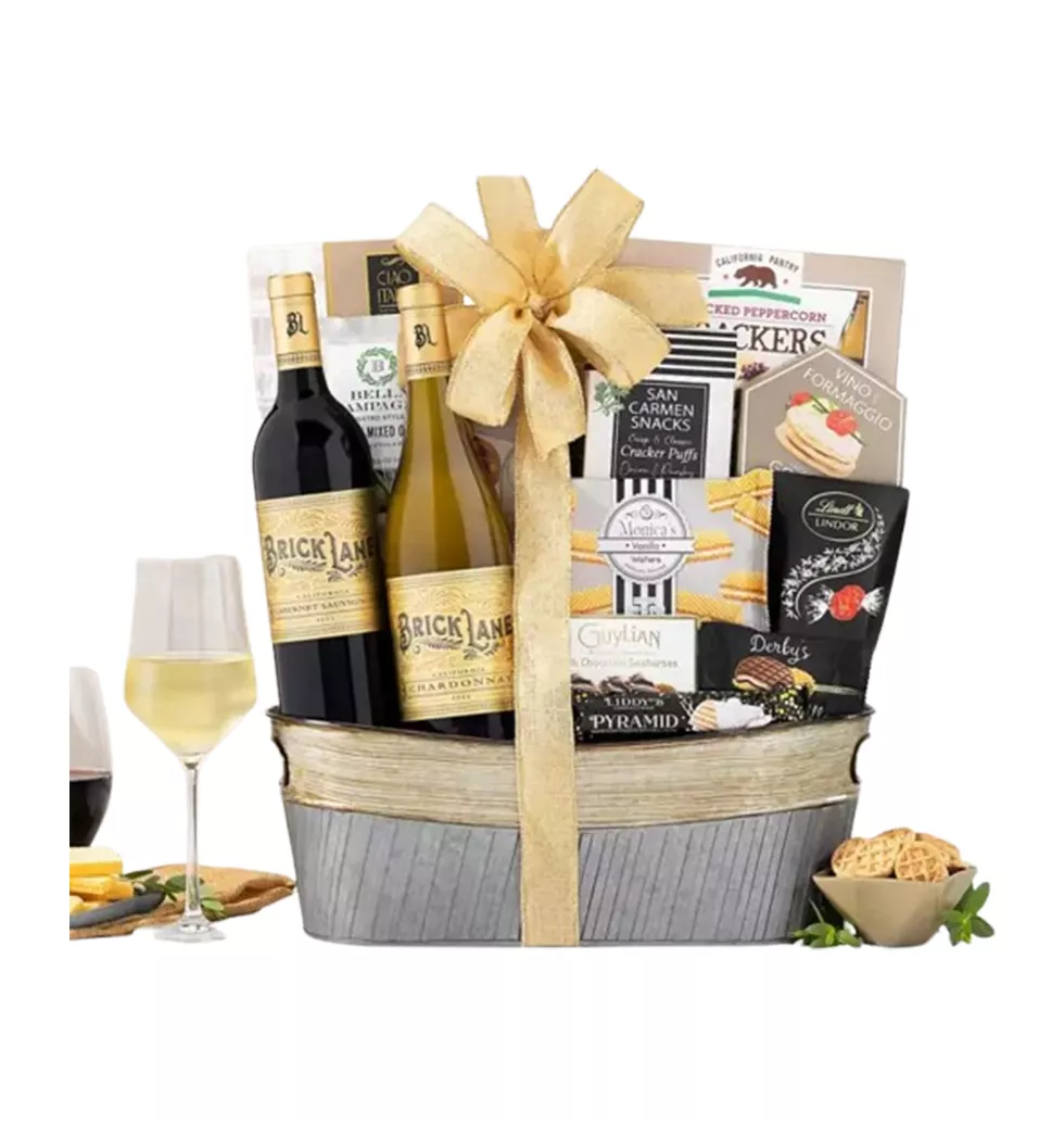 Flavorful Metal Basket of Wine Goodies