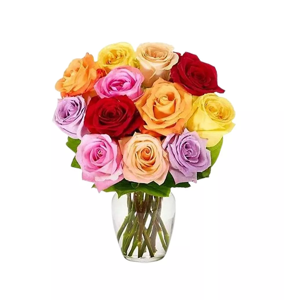 Cheerful Delight: Rainbow Roses in a Vase